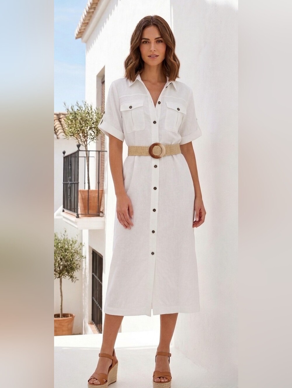 172. NWT - Zara Ecru Linen Blend Button-Front Shirt Midi Dress with Woven Belt
